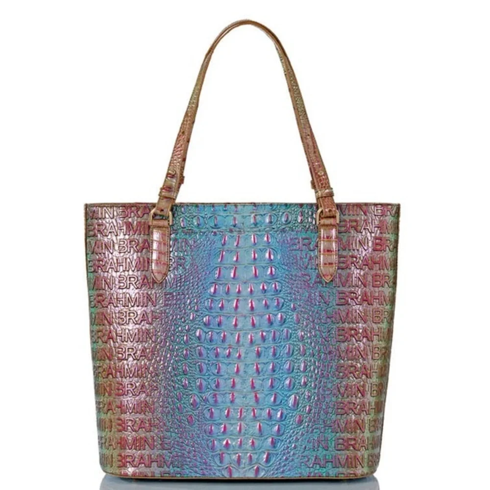 NWT BRAHMIN EZRA MELBOURNE CROC-EMBOSSED LOGO PRINT‎ LEATHER TOTE